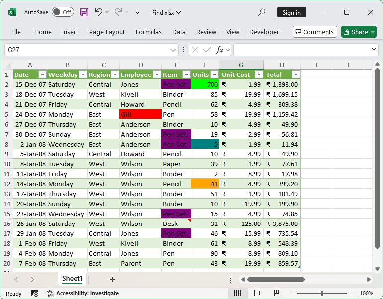 Excel document with Find and Highlight features