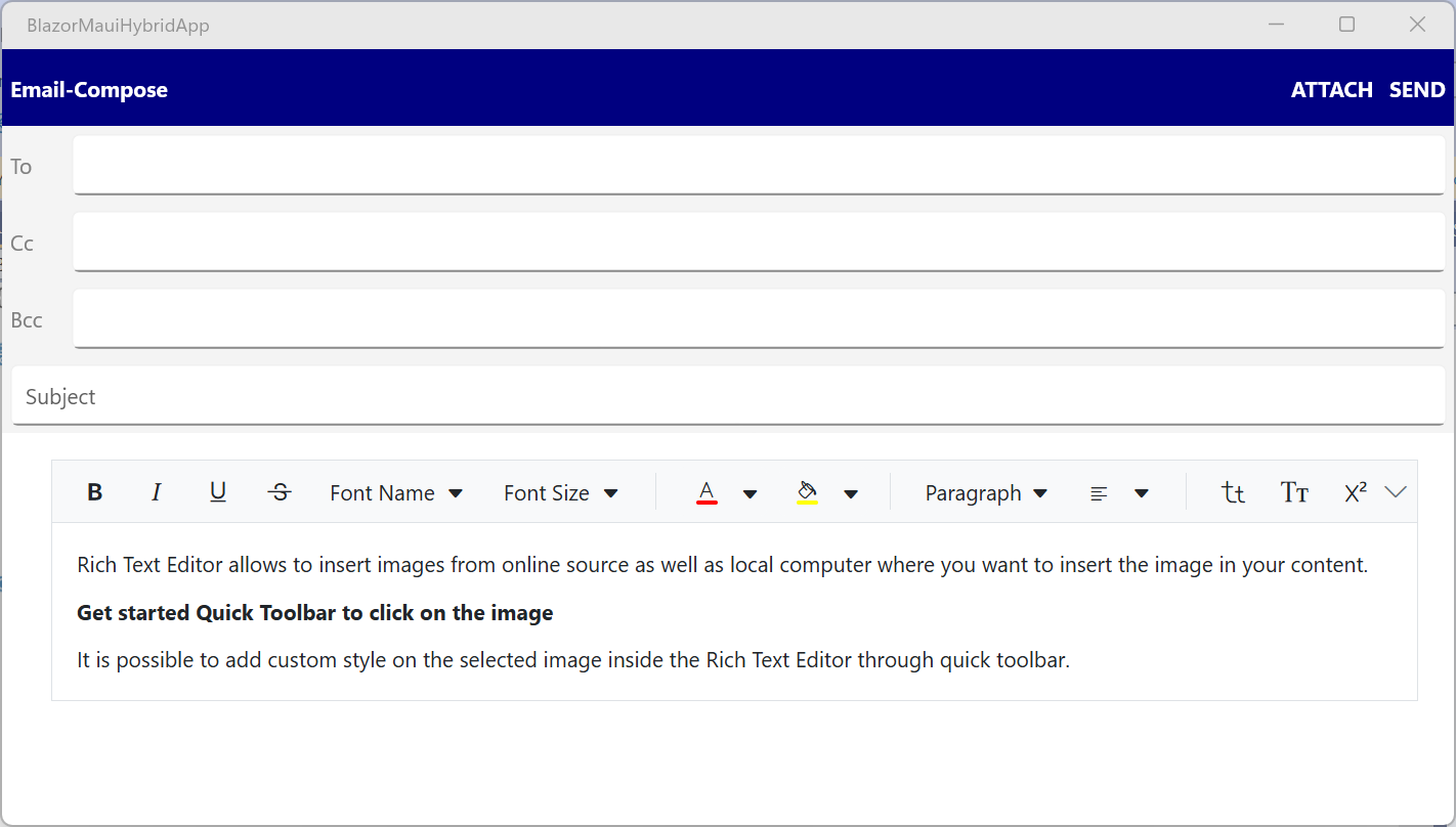Basic email UI using MAUI AutoComplete and Blazor Rich Text Editor