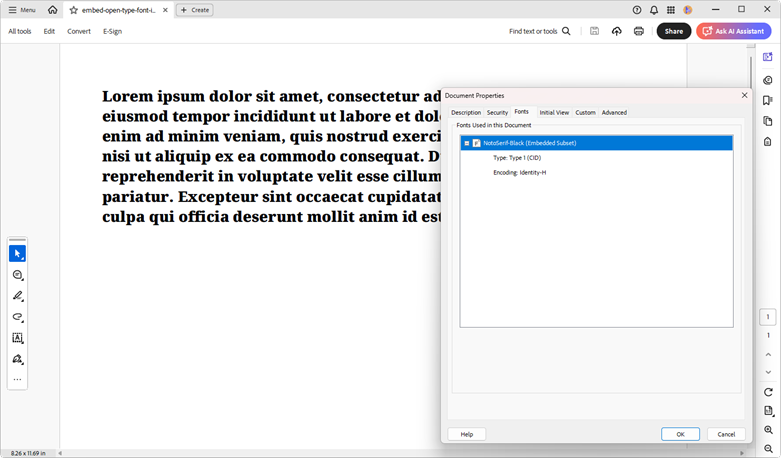 Embedded OpenType font in a PDF document