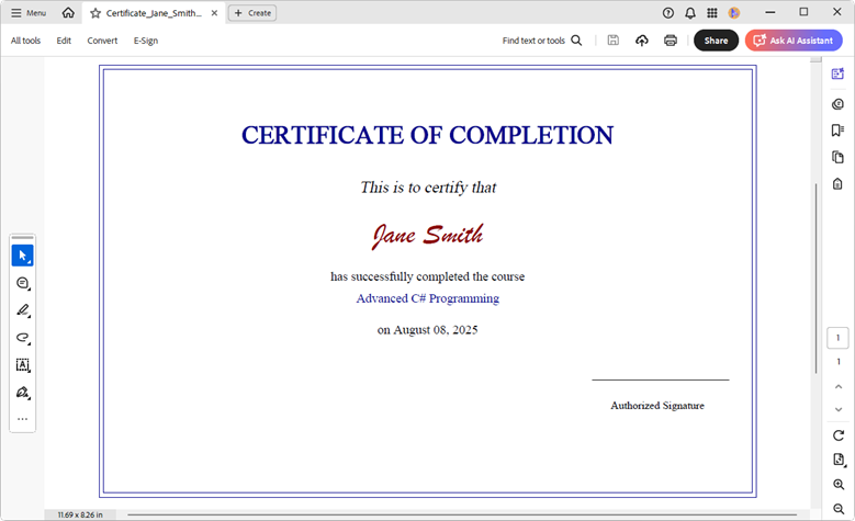 Professional certificate of completion