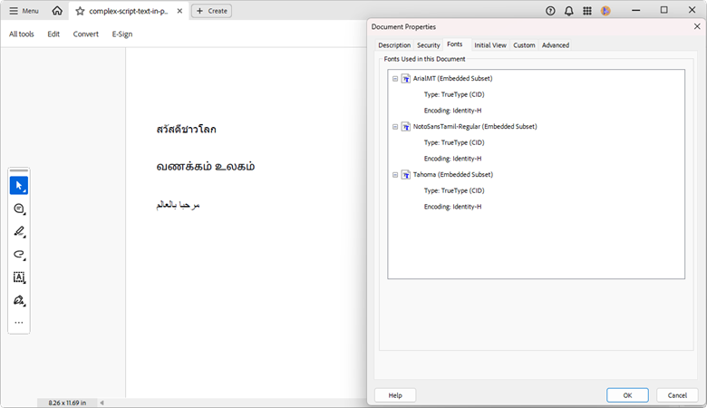 Rendering complex scripts text in PDF