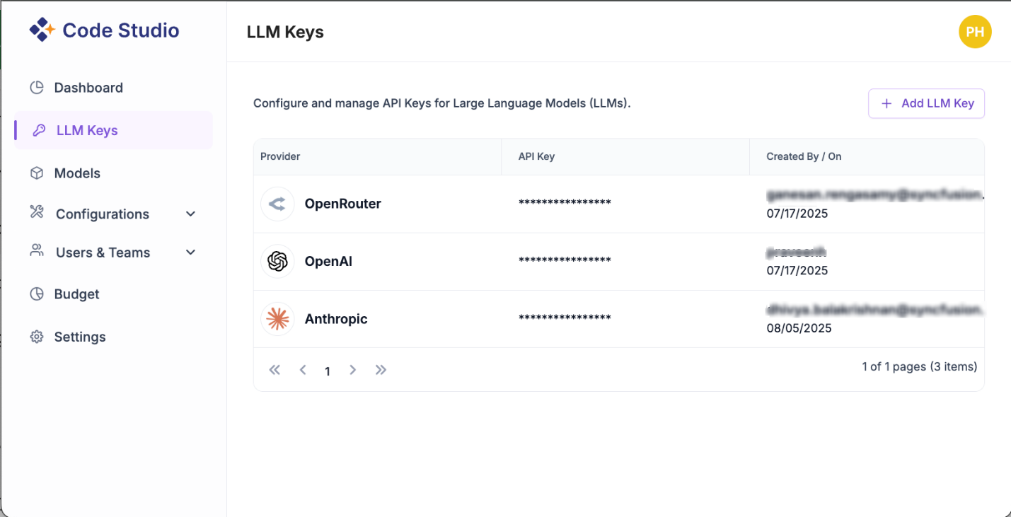 Syncfusion Code Studio Large Language Model keys