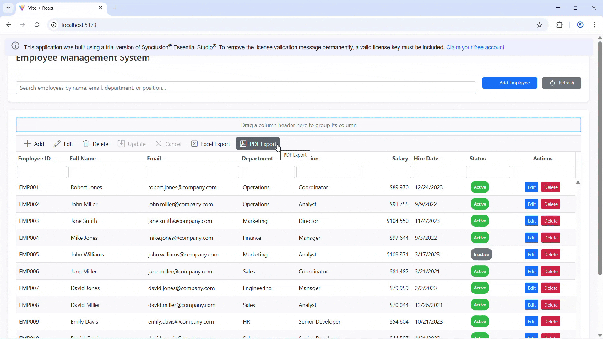 Employee management interface built using Code Studio UI Builder