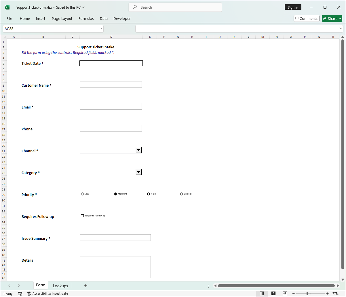 Support ticket intake form 