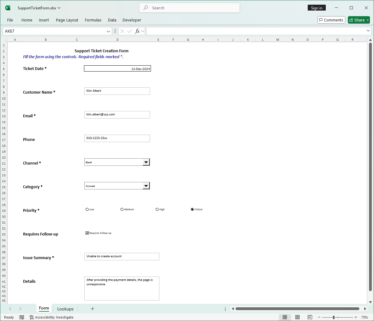 Excel form after filling in data