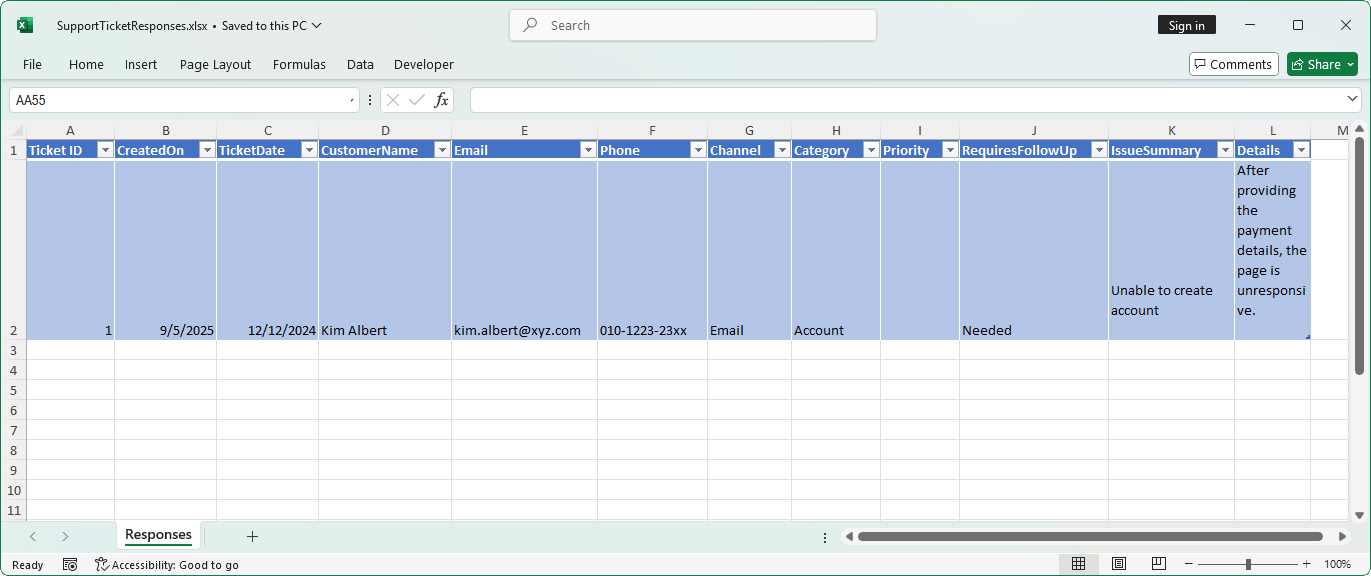 Exported form data table