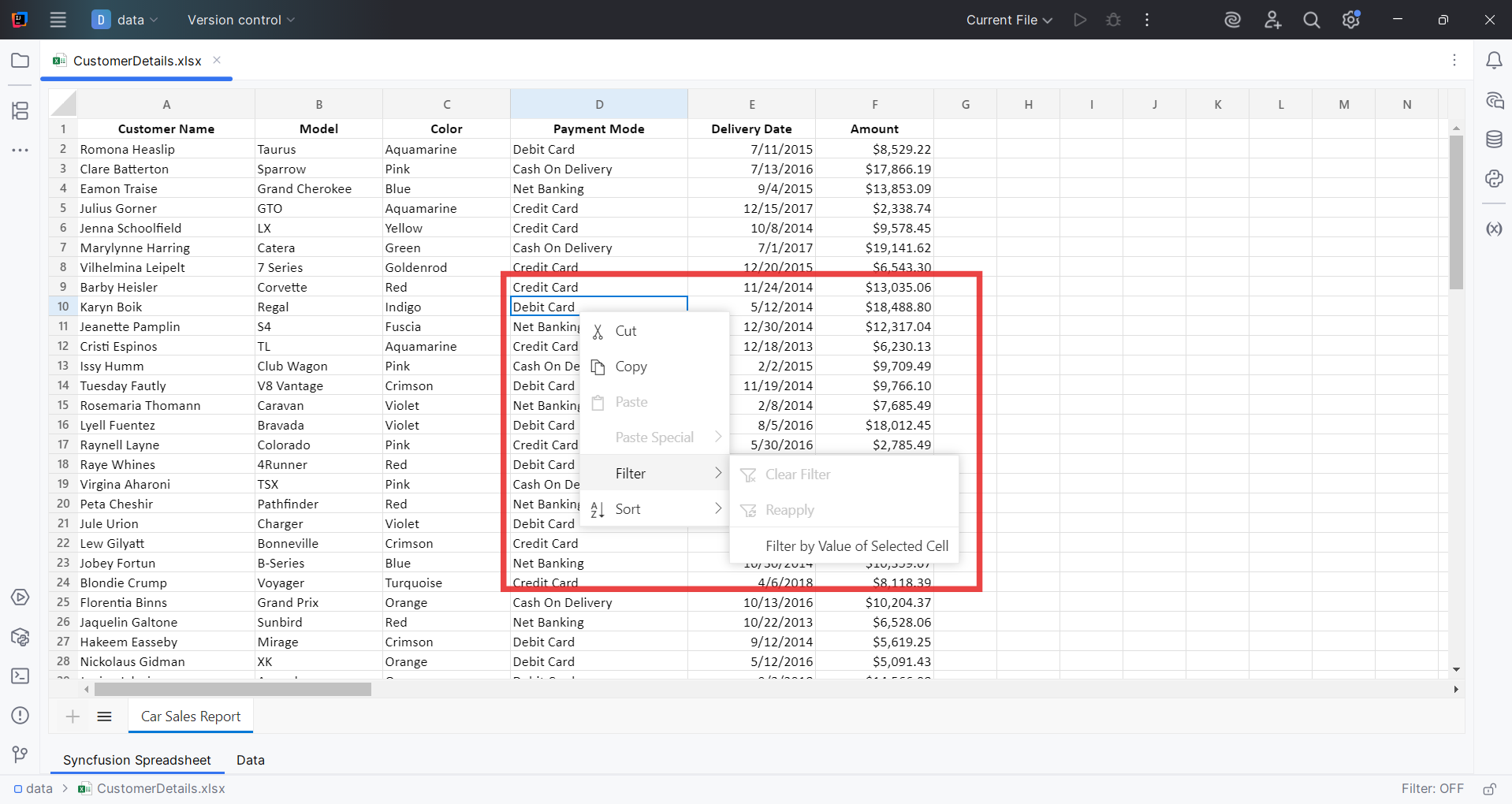 Filter Menu Access in Syncfusion Document Viewer