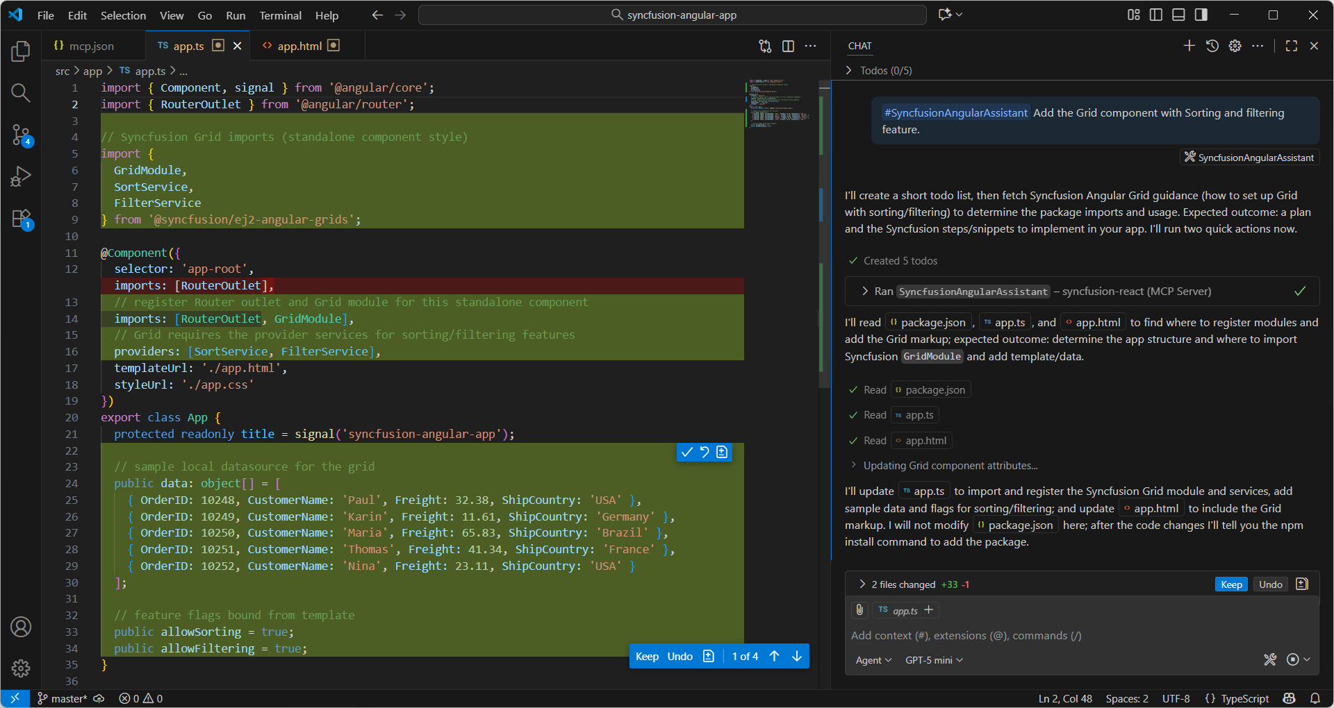 Initializing Angular Grid using Syncfusion AI Assistant