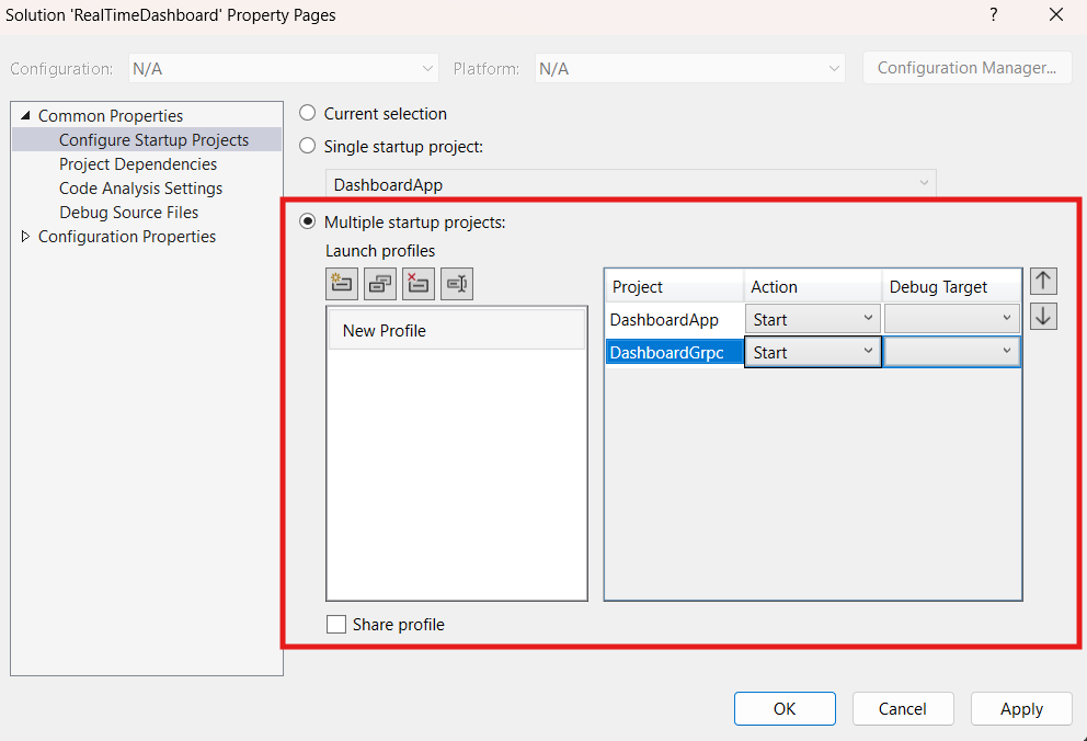 Visual Studio settings for running multiple startup projects in a solution