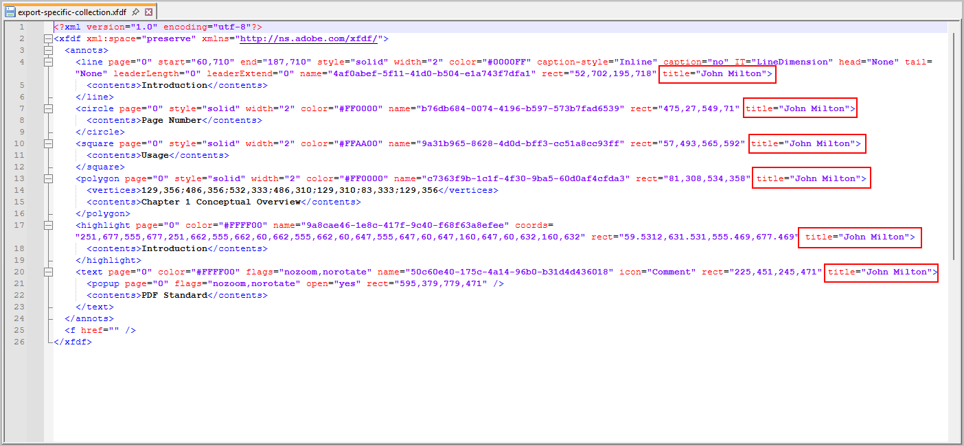 XFDF containing only John Milton’s annotations