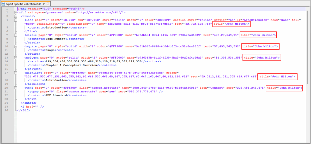 XFDF containing only John Milton’s annotations