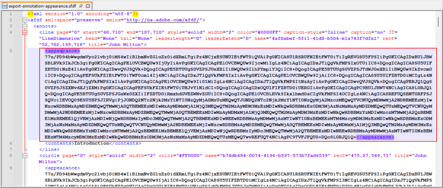 XFDF export with appearance attributes like color, style, and opacity
