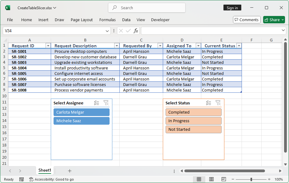 Excel table with interactive slicers