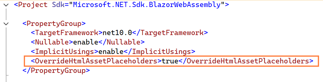 Blazor WebAssembly project using .NET 10, showing HTML asset placeholder override