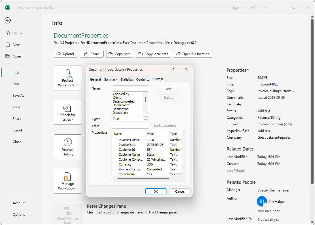 Built-in and custom properties in Excel