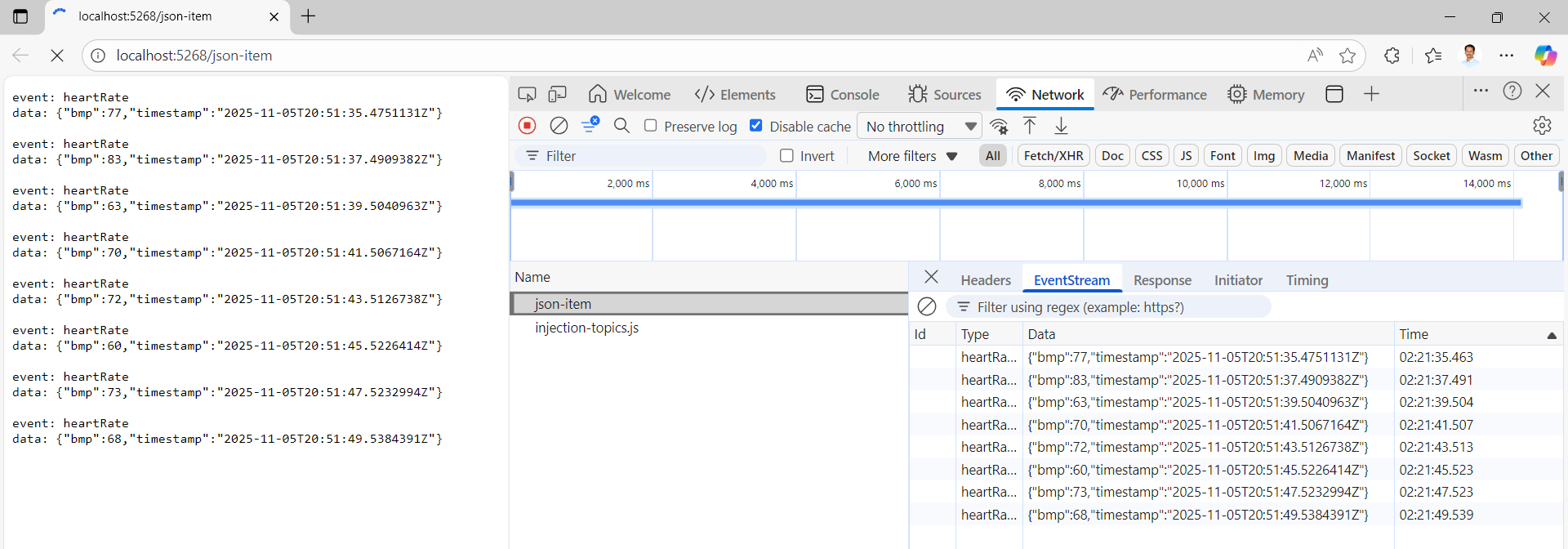 Chrome DevTools showing a Blazor app receiving Server-Sent Events (SSE)