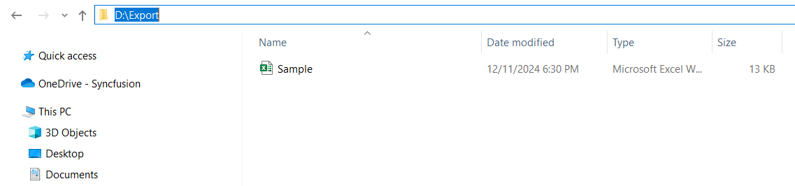 Excel file exported to the specified location