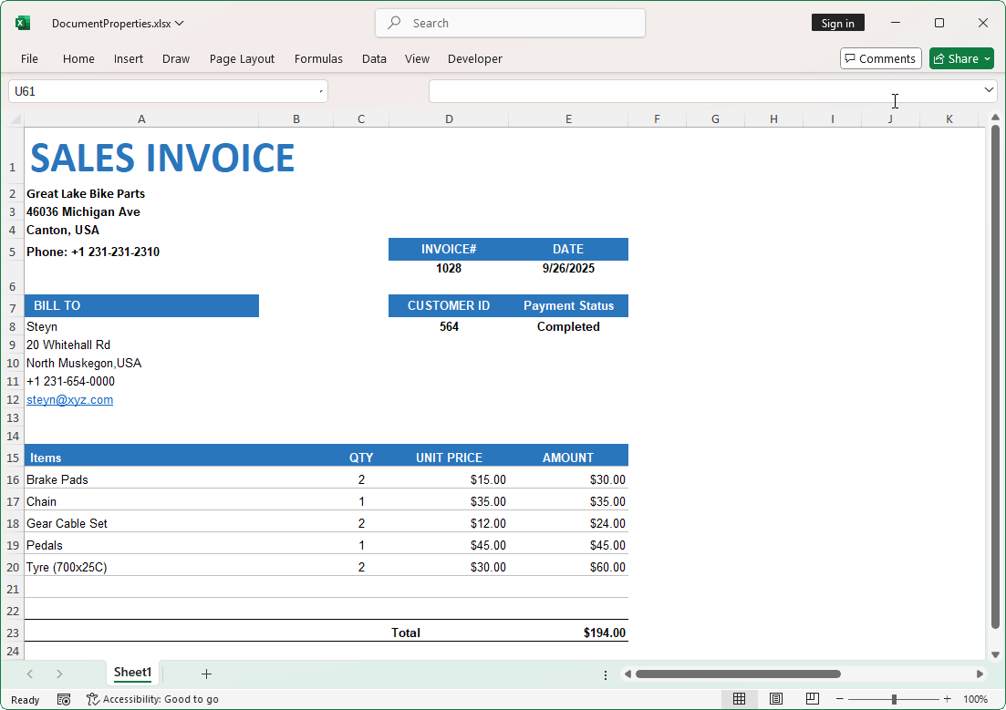 Generated Excel invoice