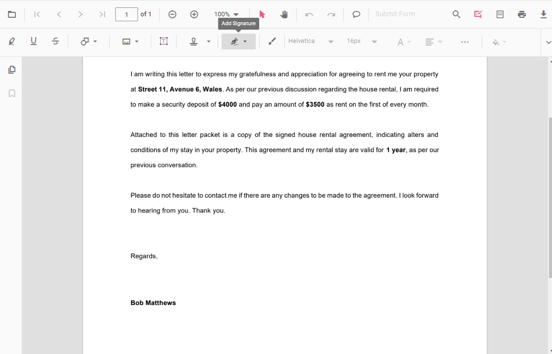 Handwritten signature with annotation toolbar in JS PDF Viewer