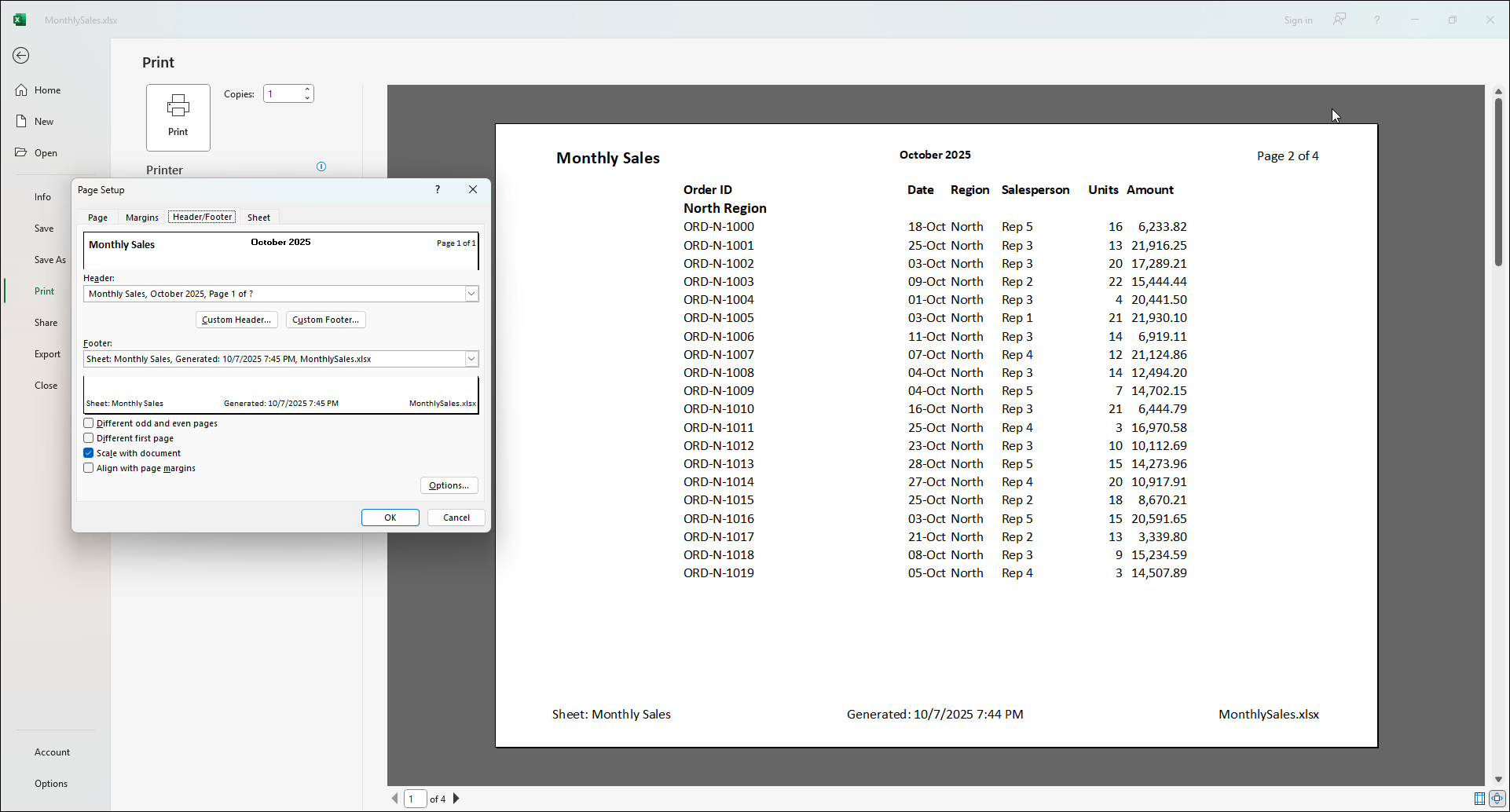 Applying page settings to the Excel document