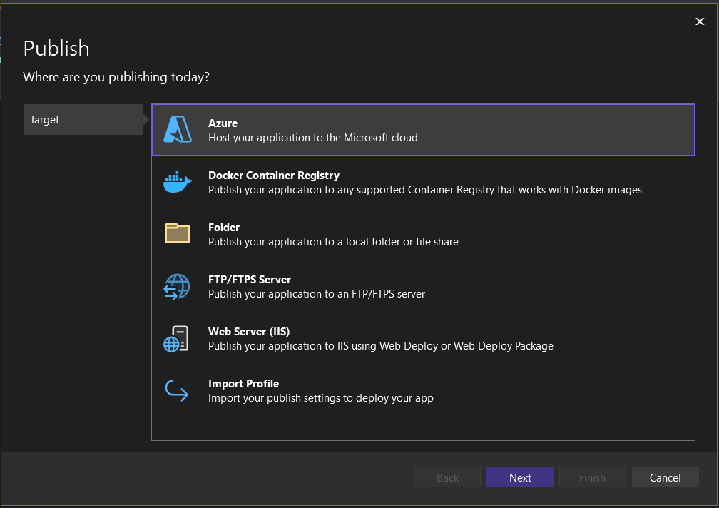 Choosing the Azure publish target
