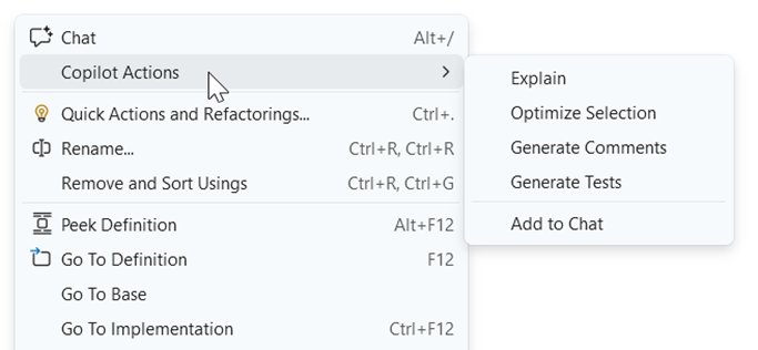 Copilot actions displaying five options in the context menu