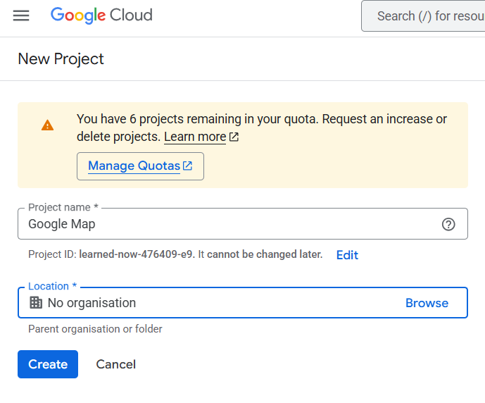 Creating a new Google Maps API Key