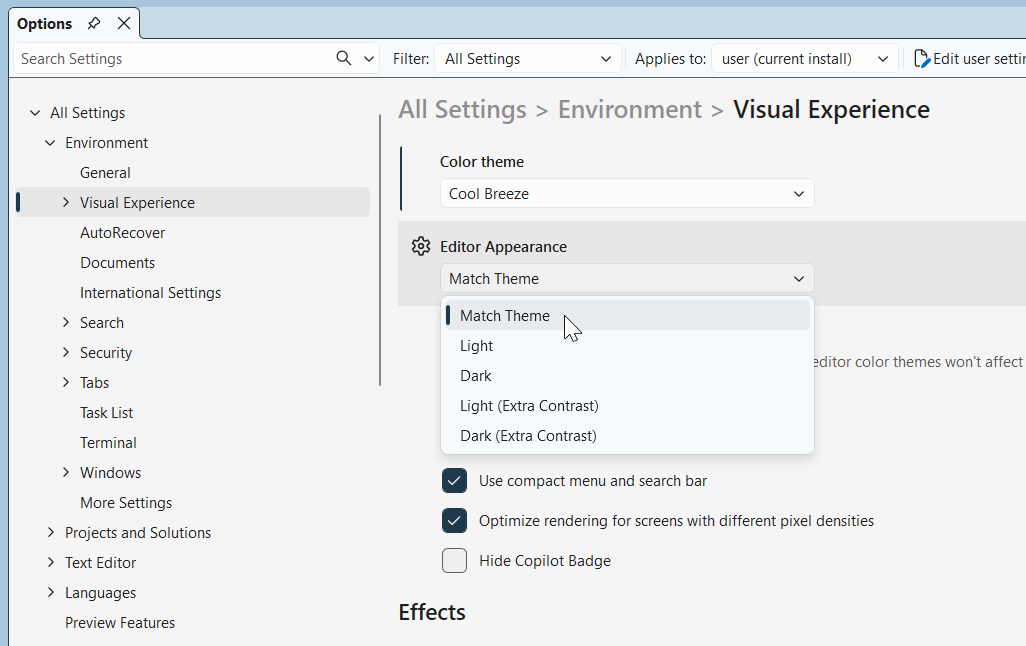 Customizing editor appearance in Visual Studio 2026