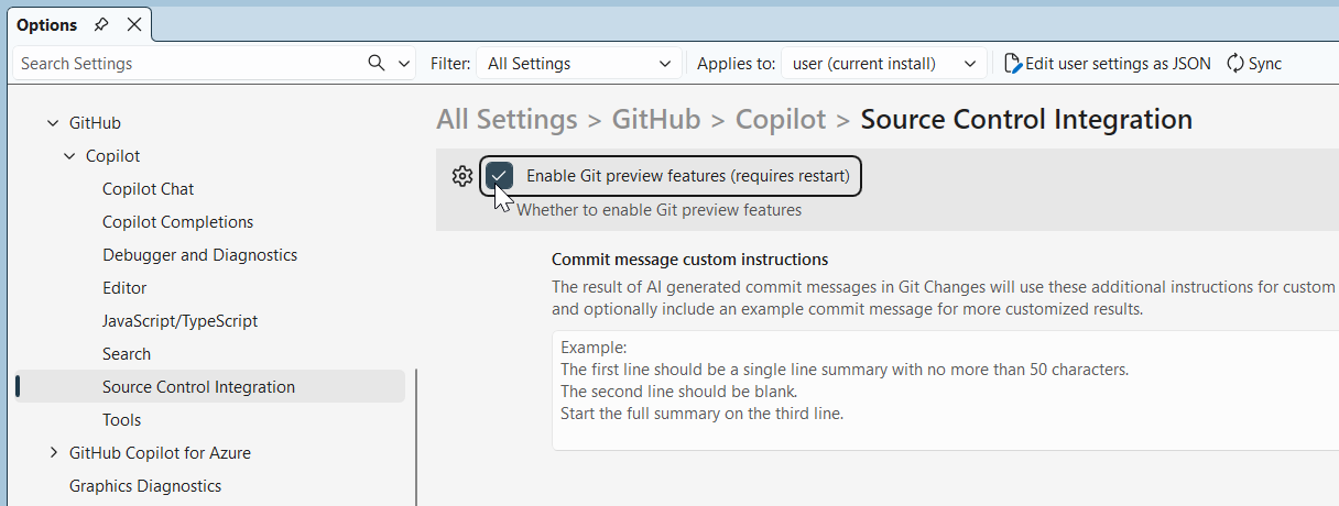 Enabling the Git preview features
