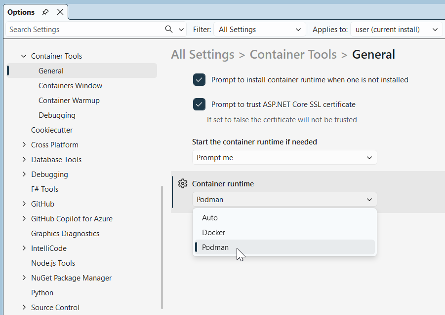 Set Podman as your container runtime