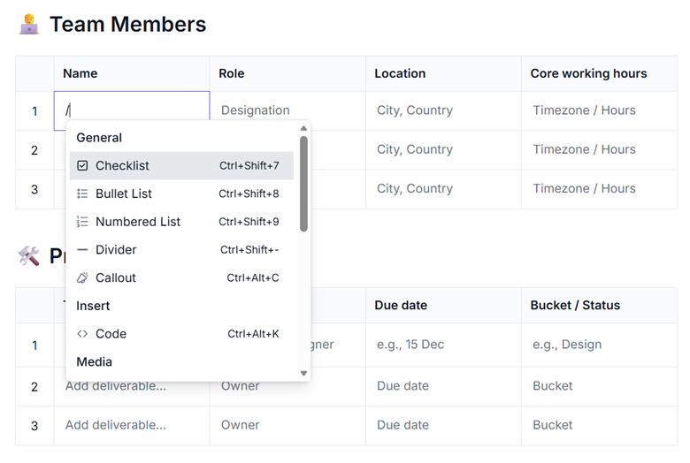 Slash Menu in Table Block