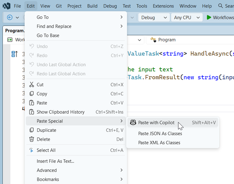 Smart adaptive pasting with Copilot in VS 2026