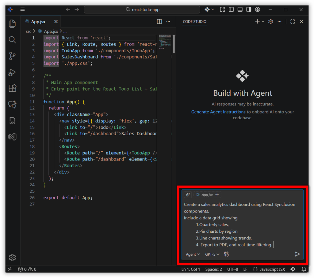 Building a React-based sales analytics dashboard in Code Studio