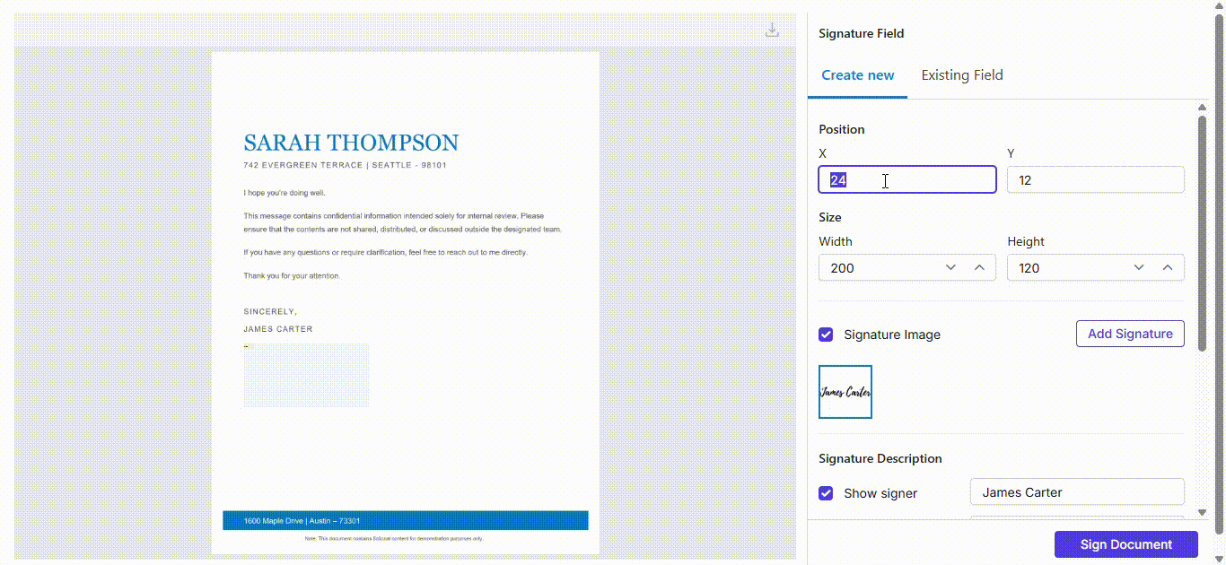 Creating a new digital signature field in the JavaScript PDF Viewer