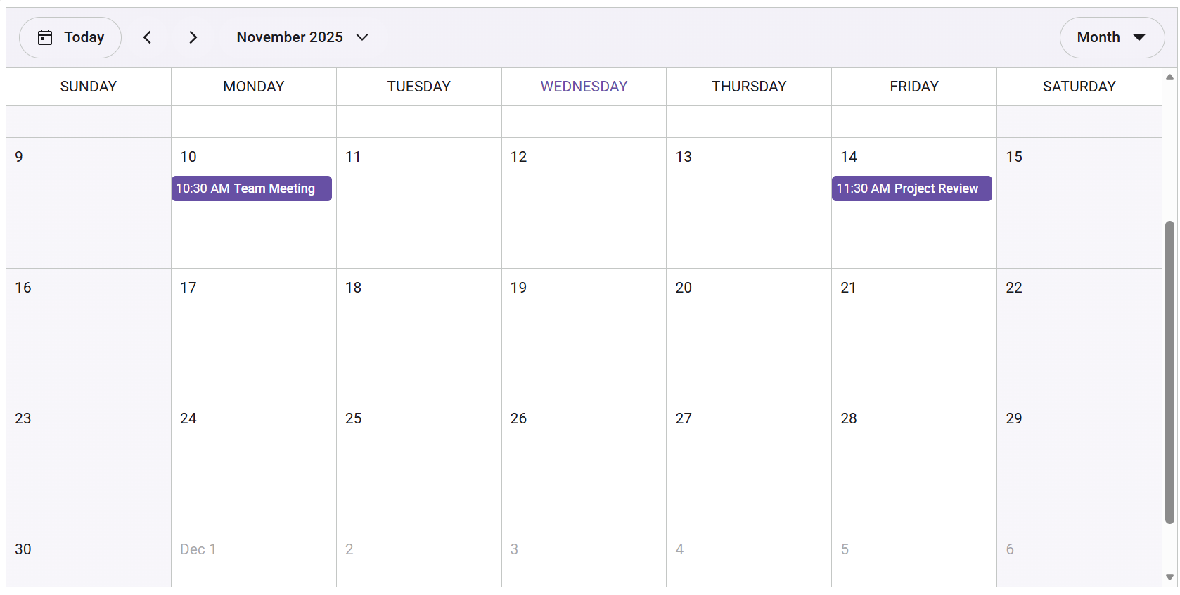 Month View in Pure React Scheduler