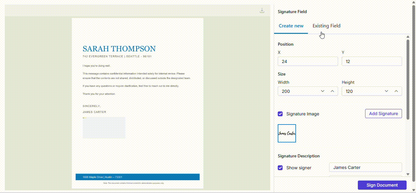 Signing with an existing field in the JavaScript PDF Viewer