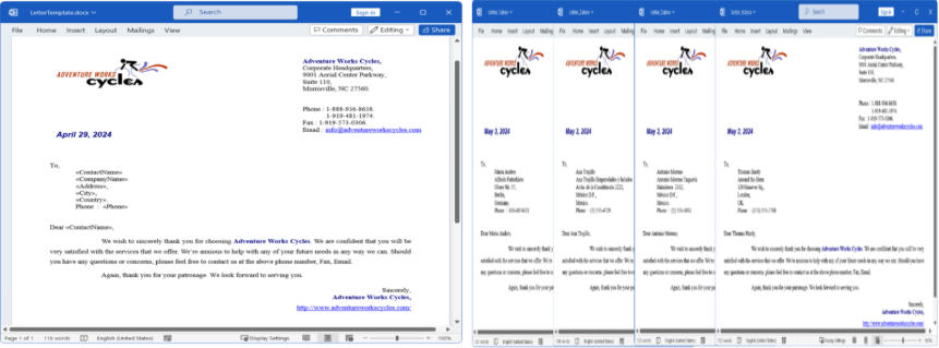 Designing a DOCX template in Word using mail merge