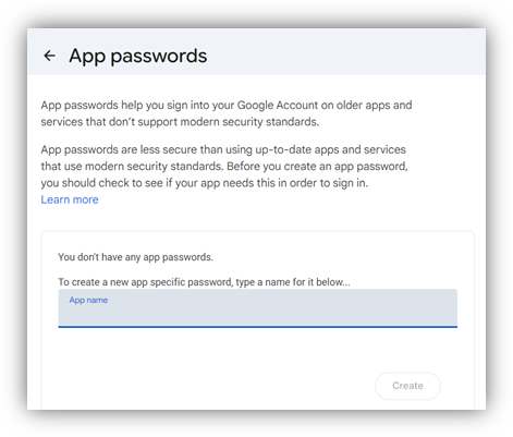 Generating a Gmail app password for SMTP authentication