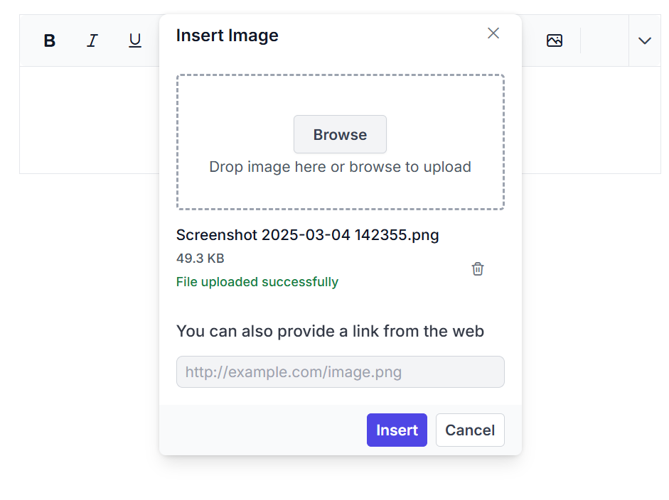 Rich Text Editor image upload window showing a successful file upload
