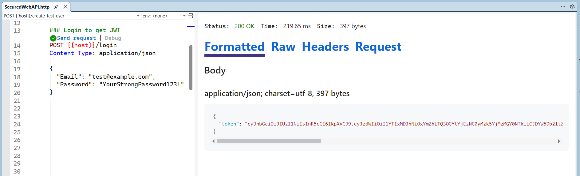 Successful POST request to /login on a local ASP.NET Core Web API. The response with 200 OK and a JSON body containing a long JWT in the “token” field