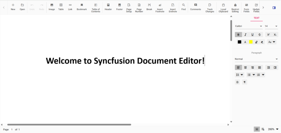 Syncfusion DOCX Editor with a sample SFDT document