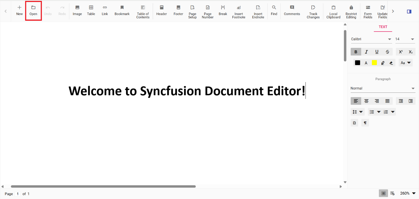 Syncfusion Document Editor with the built-in toolbar for local file upload