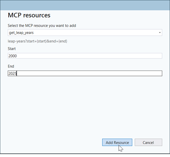 Adding the MCP resource in Visual Studio
