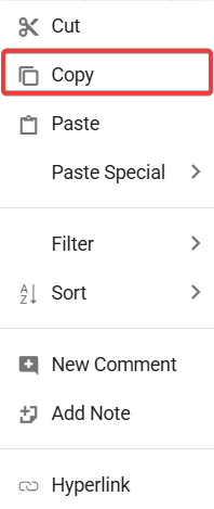 Copy data via context menu