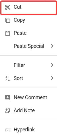 Cut data via context menu