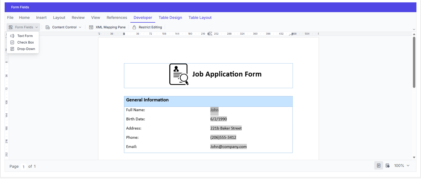 Creating form fields with Syncfusion DOCX Editor
