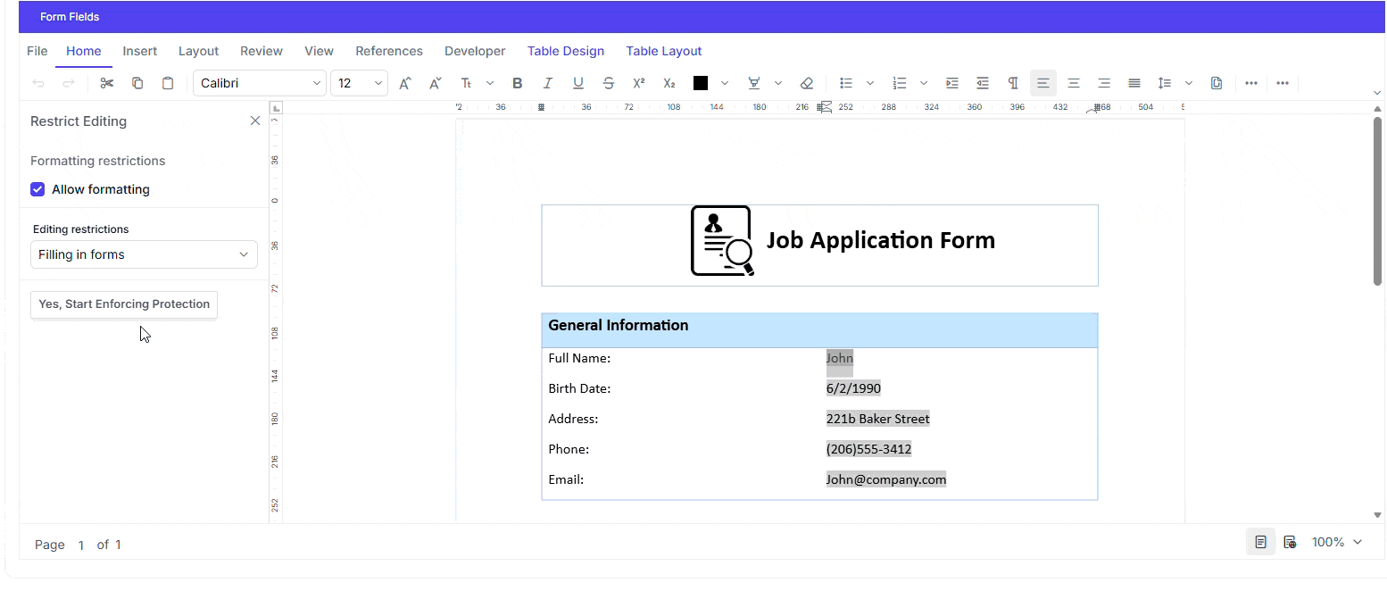 Enabling only form-filling mode in a Word document using the DOCX Editor