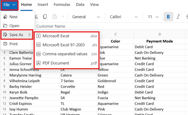 Exporting files through the ribbon