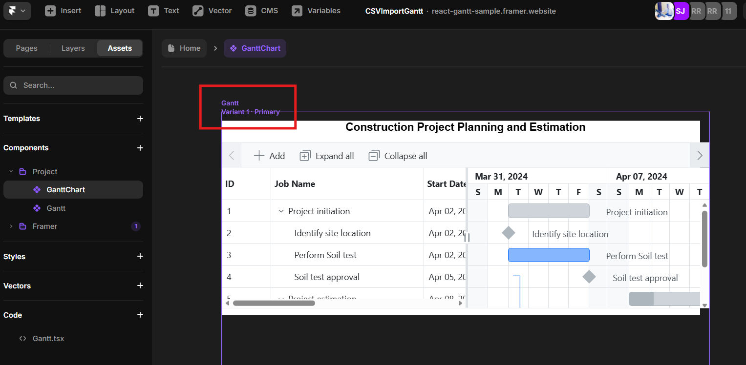 Rendering the React Gantt Chart component in the Framer project