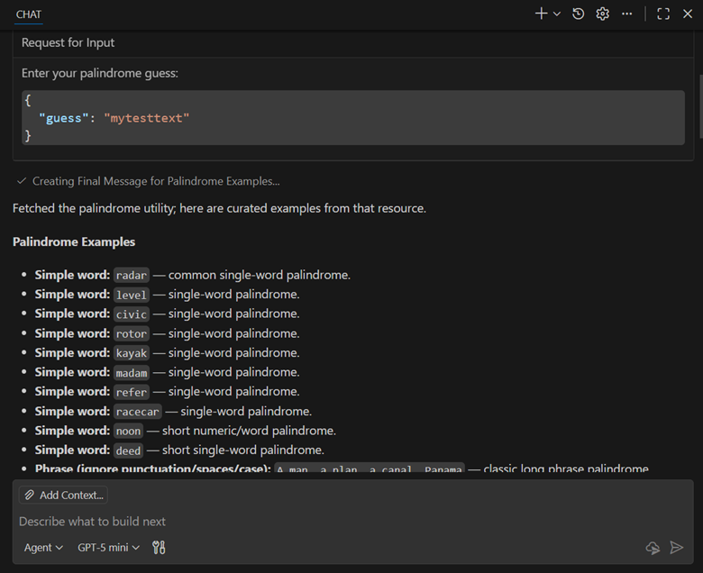 Palindrome resource output shown in the chat window (after elicitation input)